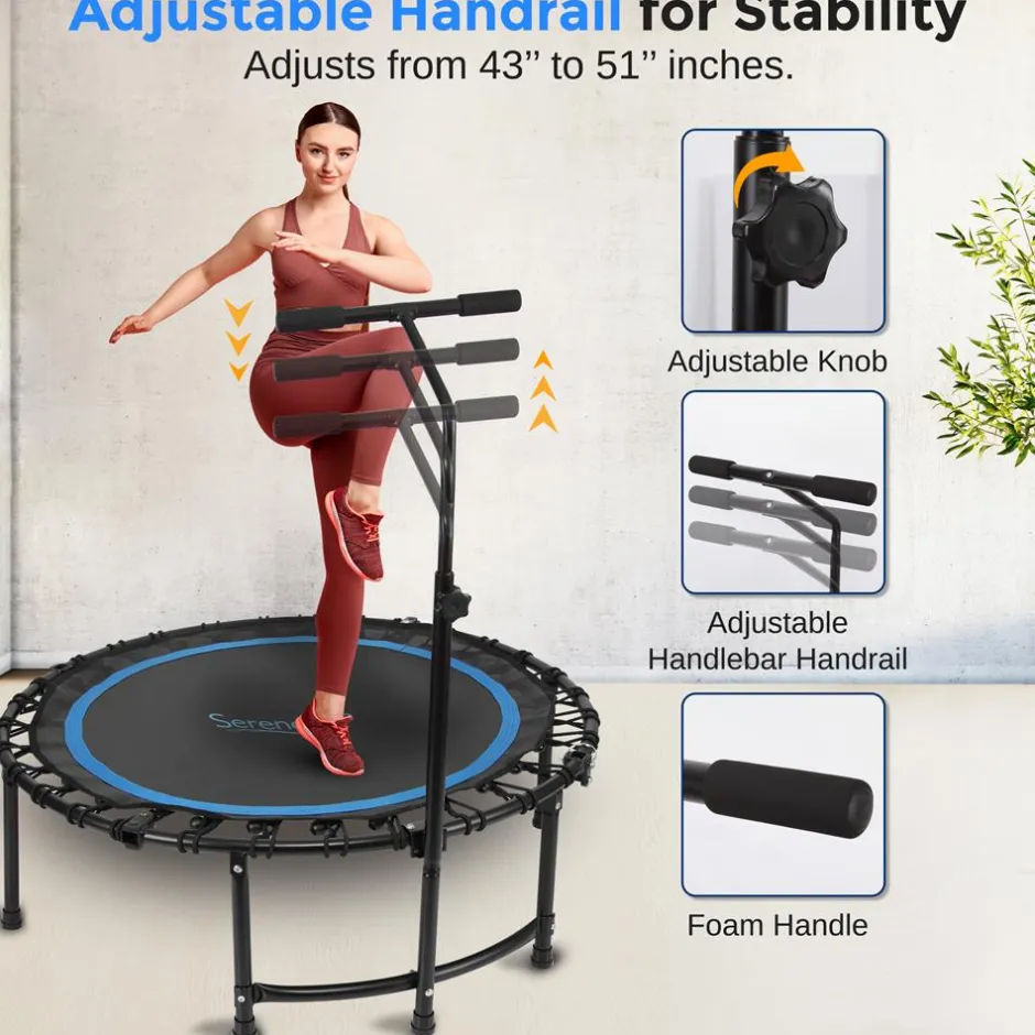 Foldable Mini Trampoline, Aerobic Fitness, Adjustable Handrail, 264 lbs Capacity<SereneLife Discount