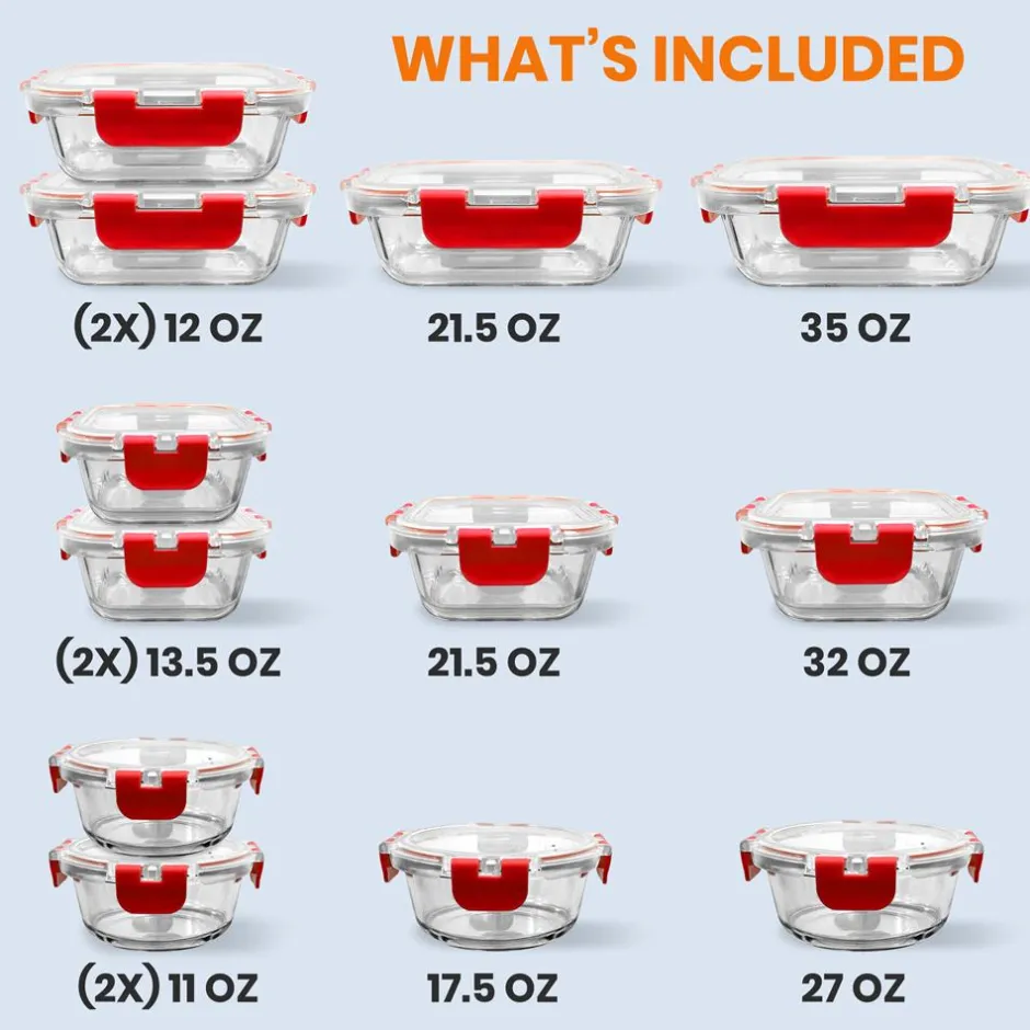 Glass Food Storage Set 24pc Airtight Leak-Proof Borosilicate Red<NutriChef Outlet