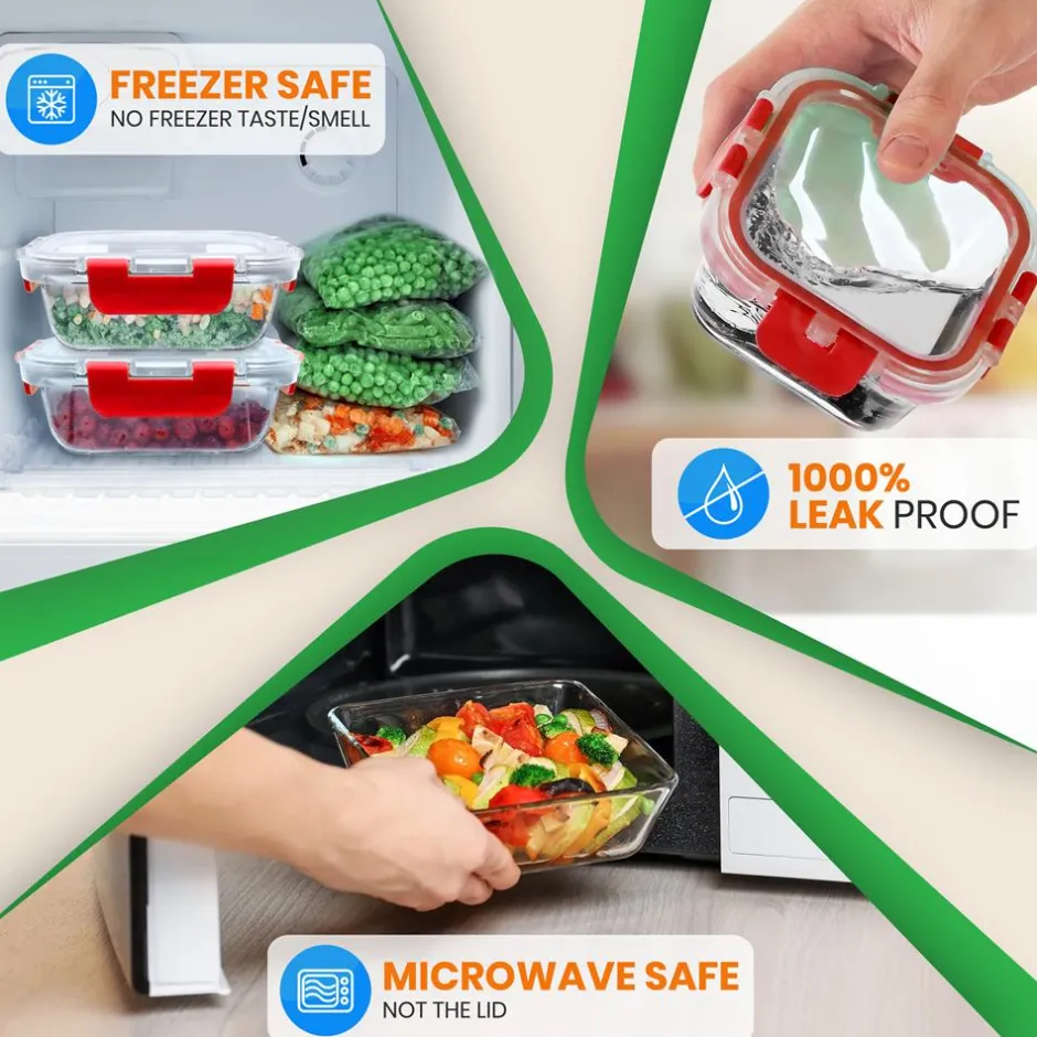 Glass Food Storage Set 24pc Airtight Leak-Proof Borosilicate Red<NutriChef Outlet