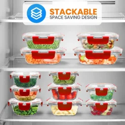 Glass Food Storage Set 24pc Airtight Leak-Proof Borosilicate Red<NutriChef Outlet