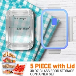 Glass Food Storage Set 10-Piece Leak-Proof Borosilicate Blue Lids<NutriChef Sale