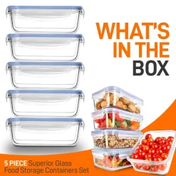 Glass Food Storage Set 10-Piece Leak-Proof Borosilicate Blue Lids<NutriChef Sale