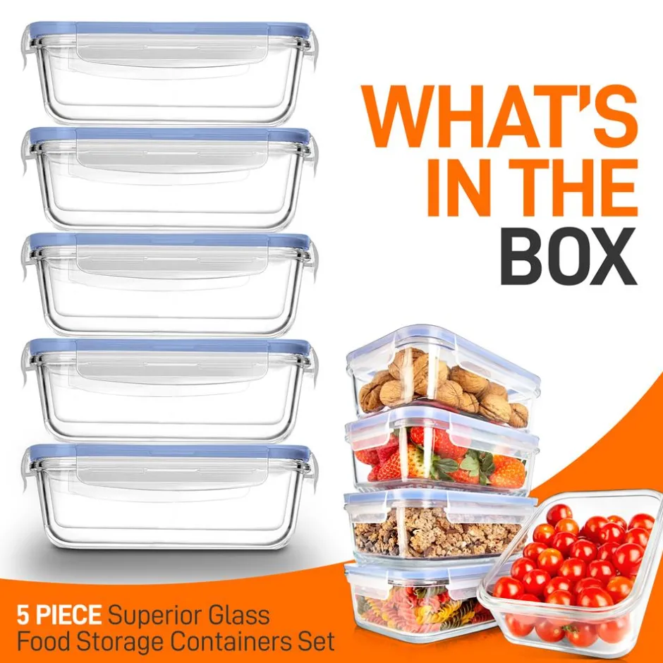 Glass Food Storage Set 10-Piece Leak-Proof Borosilicate Blue Lids<NutriChef Sale