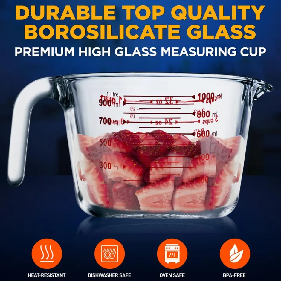 Glass Measuring Cup 1000ml Precise Pouring Borosilicate Heat-Resistant<NutriChef