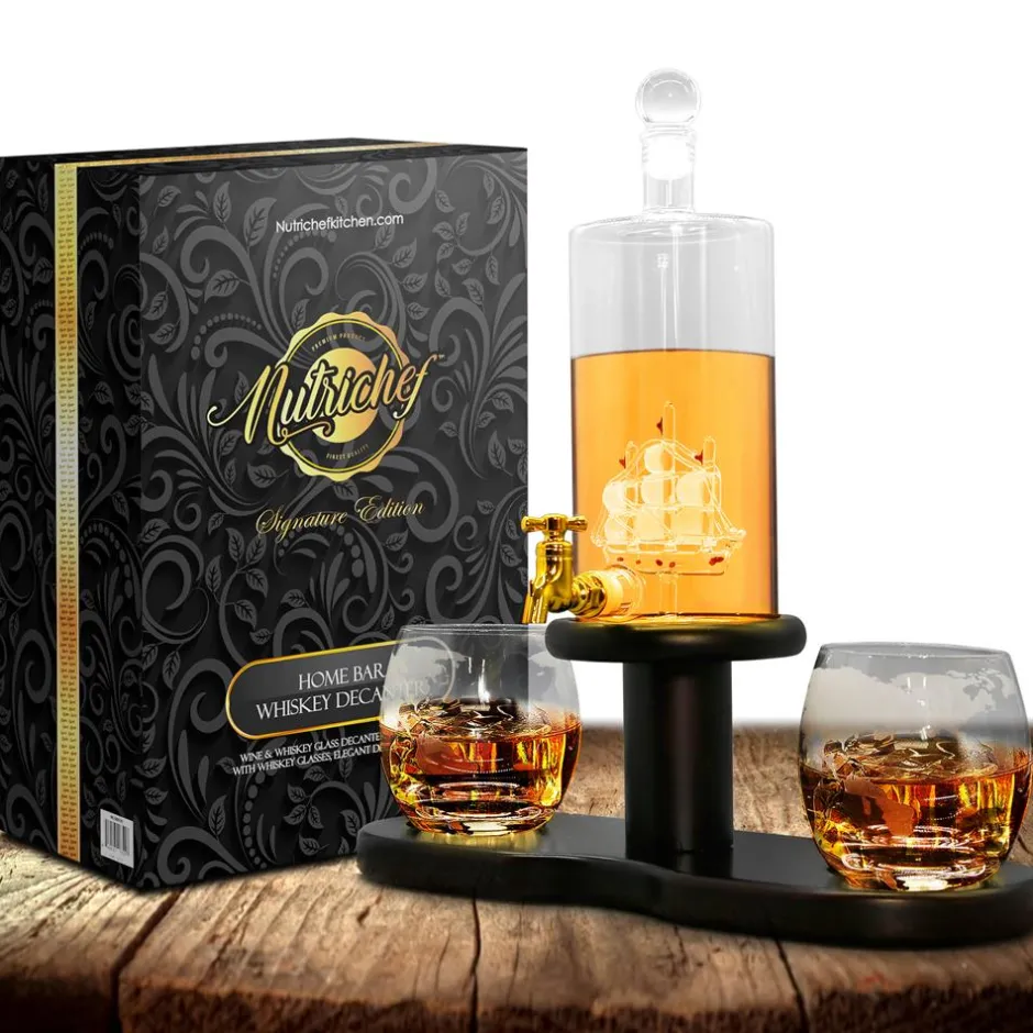 Glass Whiskey Decanter Set - Enhances Flavor - 780ml Clear Glass<NutriChef Clearance