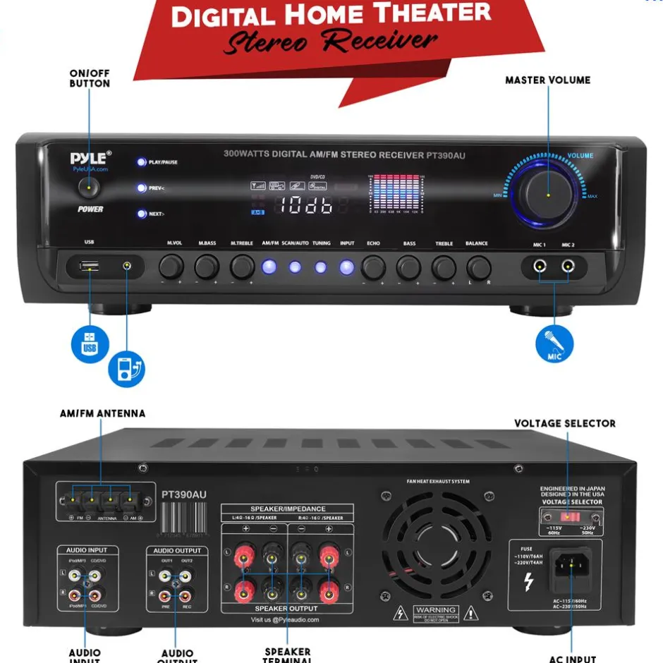 Home Audio Amplifier System 300W 4-Channel USB/AUX/MP3 Receiver<Pyle Discount