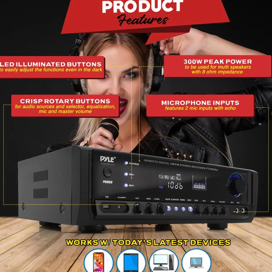 Home Audio Amplifier System 300W 4-Channel USB/AUX/MP3 Receiver<Pyle Discount