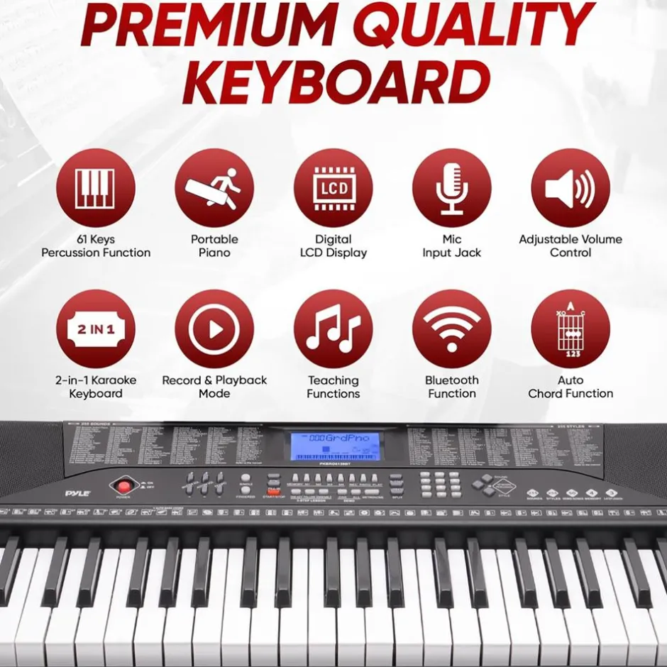 61-Key Electric Keyboard Piano, Portable Bluetooth, LCD Display<Pyle Clearance