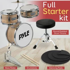 Kids Drum Set, Beginner-Friendly, Metallic Finish, Natural<Pyle Clearance