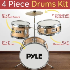 Kids Drum Set, Beginner-Friendly, Metallic Finish, Natural<Pyle Clearance