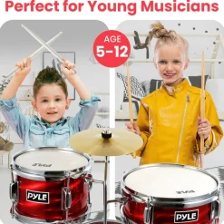 Kids Drum Set 3-Piece Beginner Kit, Metallic Finish, Adjustable Throne, Red<Pyle Hot
