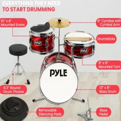 Kids Drum Set 3-Piece Beginner Kit, Metallic Finish, Adjustable Throne, Red<Pyle Hot