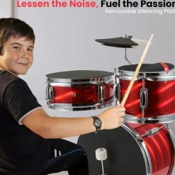 Kids Drum Set 3-Piece Beginner Kit, Metallic Finish, Adjustable Throne, Red<Pyle Hot