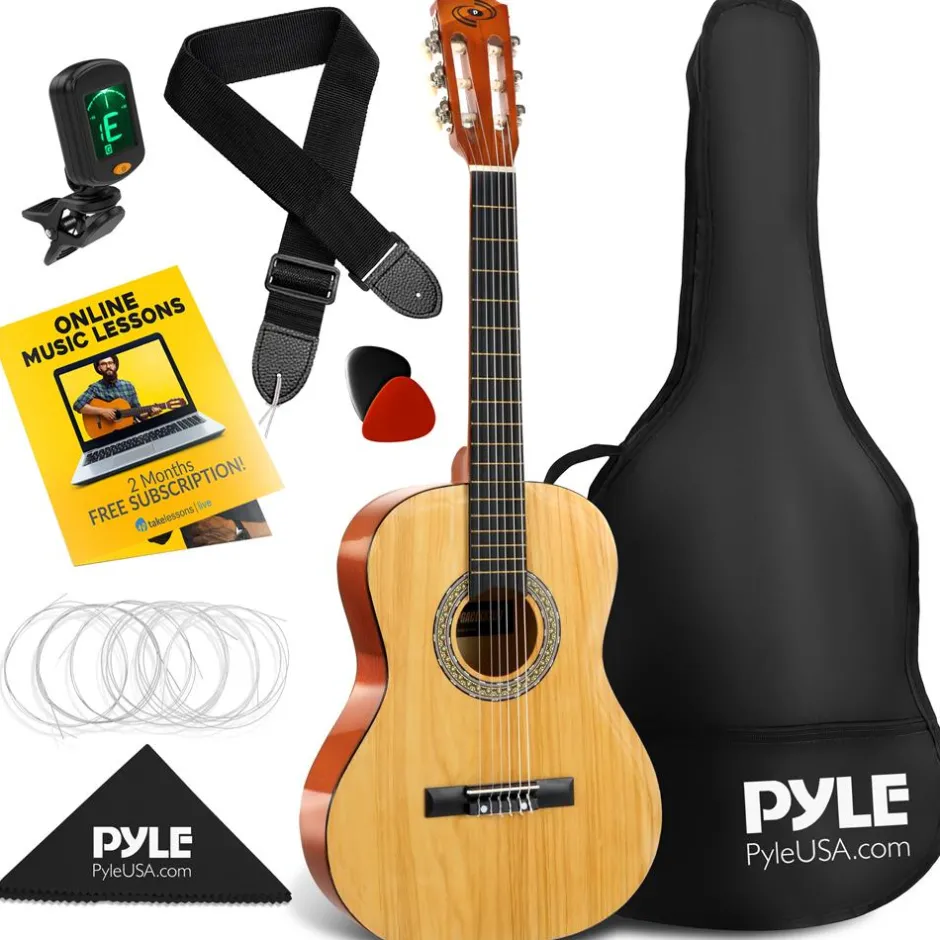 Left-Handed 36" Acoustic Guitar Kit, Beginner-Friendly, All Wood, Natural Gloss<Pyle Discount