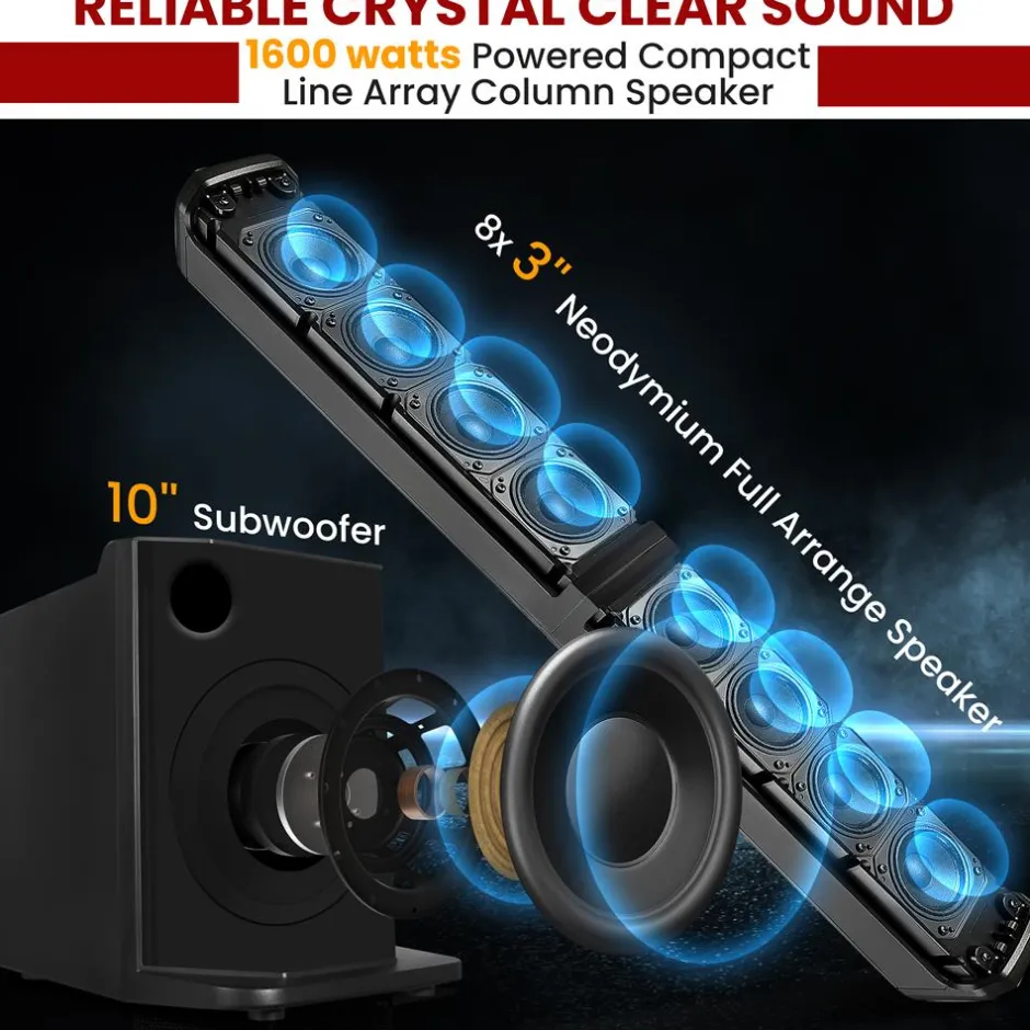 Line Array Speaker System, 1600W, 10" Subwoofer, Bluetooth Streaming<Pyle New