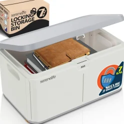Lockable Storage Box 7 Gal Capacity ABS Material Light Gray<SereneLife New
