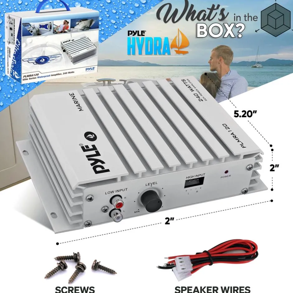 Marine Amplifier 240W Waterproof 4-Channel Aluminum Heatsink<Pyle