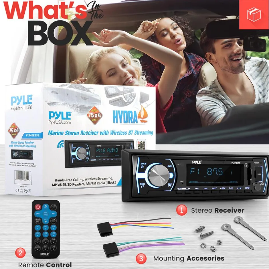 Marine Bluetooth Stereo Receiver - Hands-Free Calls, USB/SD, Single DIN<Pyle