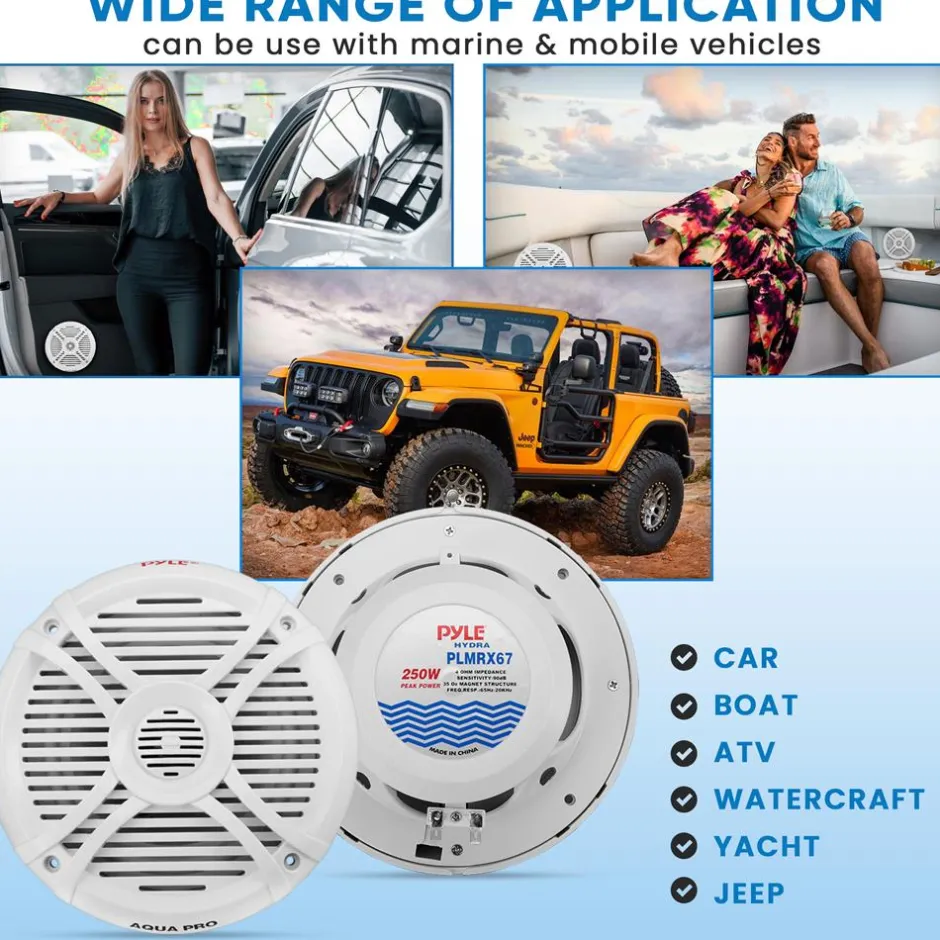 Marine Speakers 250W Water Resistant 2-Way Stereo White<Pyle Hot
