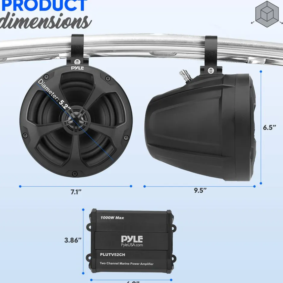 Marine Speakers 1000W Waterproof 5.25" 2-Ch Amp IP-X45<Pyle Best