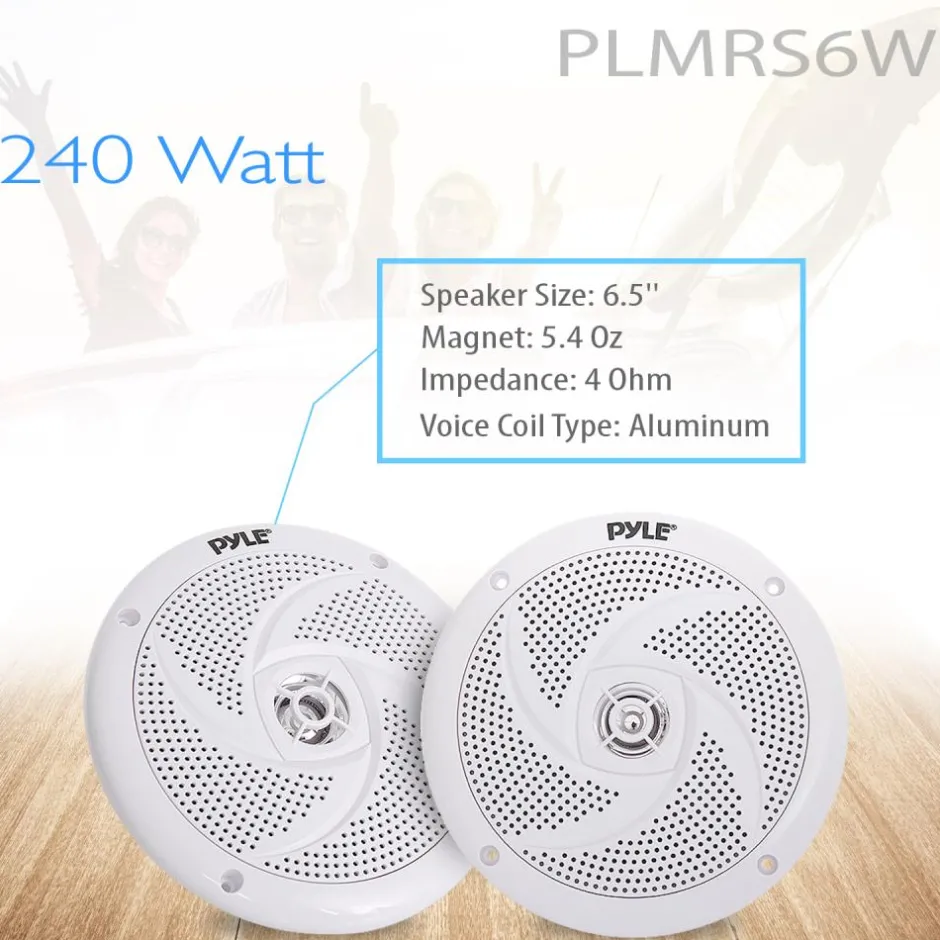 Marine Speakers 240W Waterproof 6.5" Low-Profile Slim White<Pyle Online