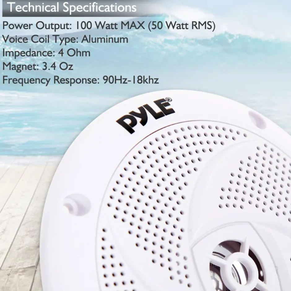 Marine Speakers 100W Waterproof Slim Design 4" White<Pyle Sale