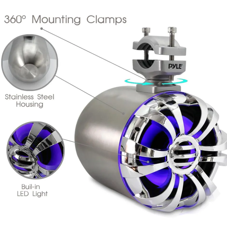 Marine Speakers Waterproof 200W Stainless Steel LED Lights Silver<Pyle New
