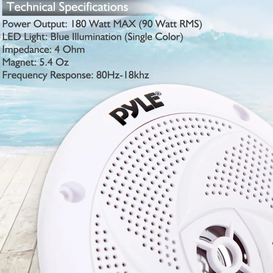Marine Speakers Waterproof 180W LED Lights Low-Profile 5.25" Pair<Pyle Sale