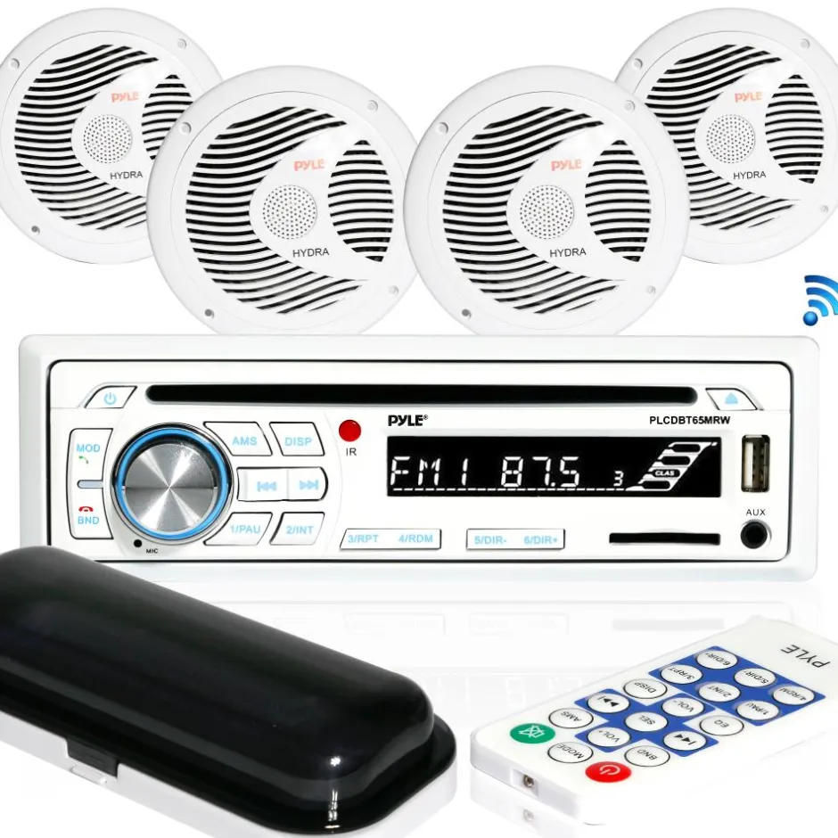 Marine Stereo Kit, Hands-Free Bluetooth, 4 Waterproof Speakers, White<Pyle New