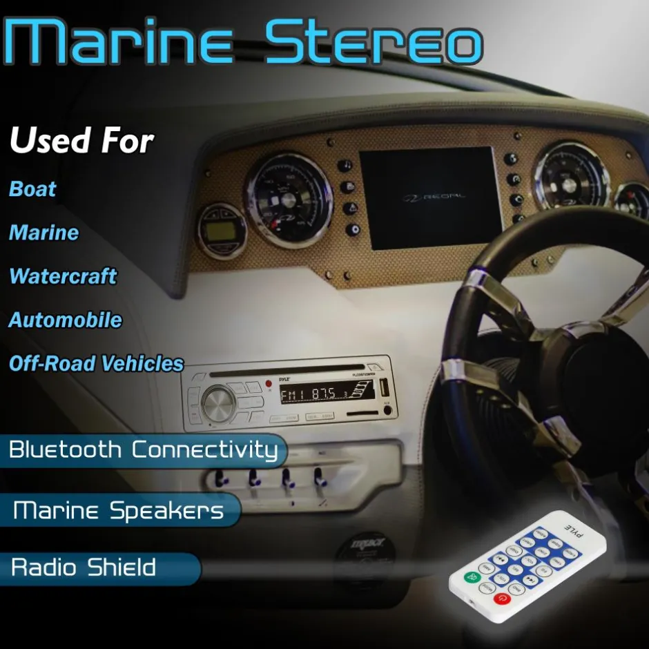 Marine Stereo Kit, Hands-Free Bluetooth, 4 Waterproof Speakers, White<Pyle New