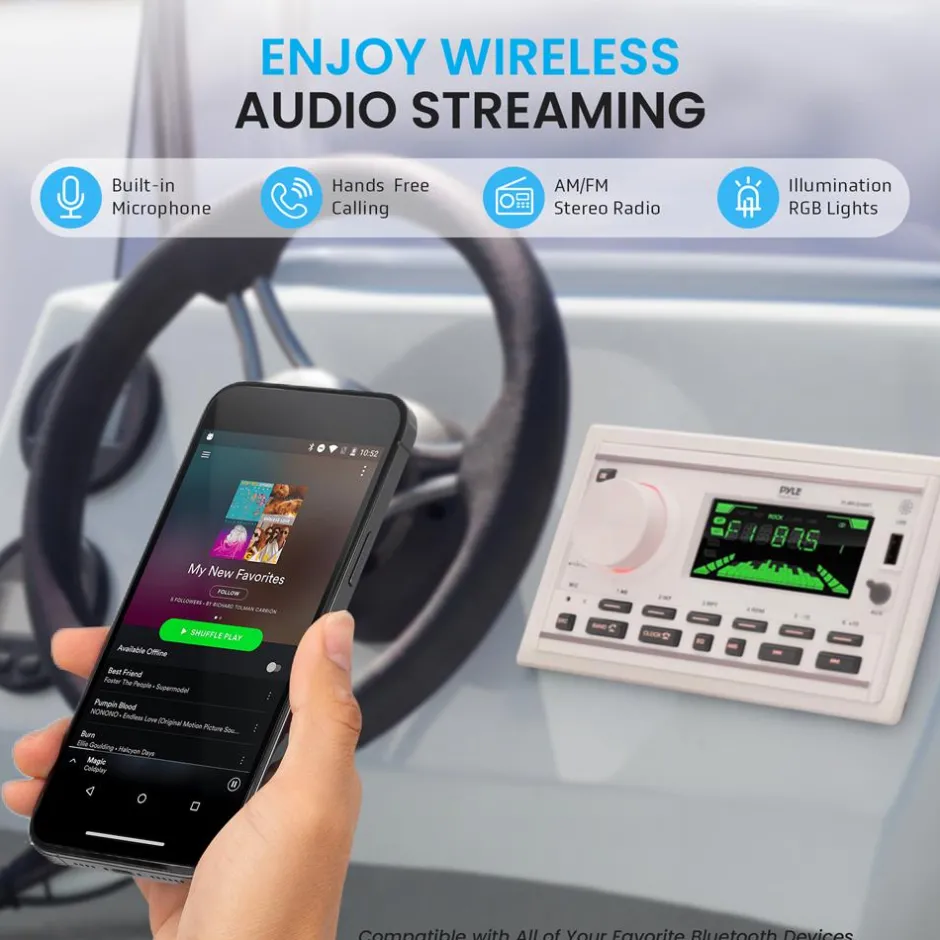 Marine Stereo Receiver Kit, Bluetooth, Double DIN, LCD Display, White<Pyle Discount