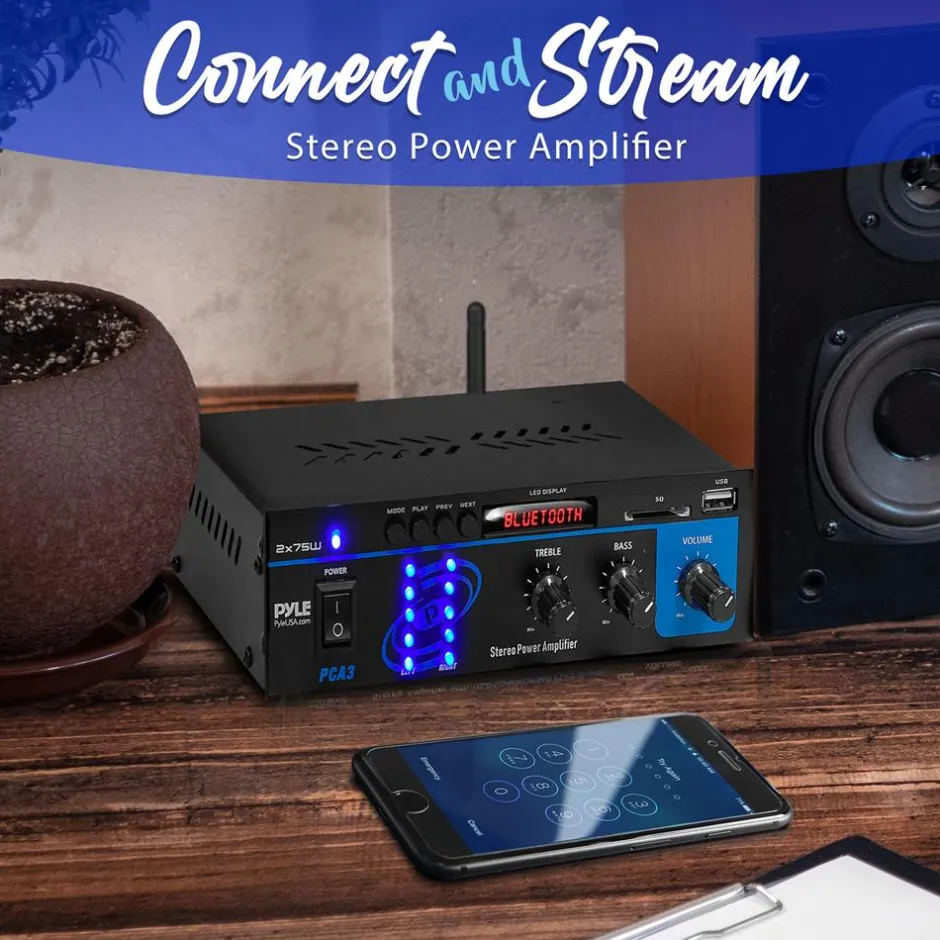 Mini Bluetooth Stereo Amplifier - 150W Power, RCA Input, Blue LED Display<Pyle New