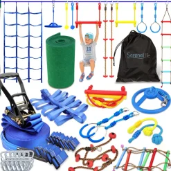 Ninja Warrior Obstacle Course 50ft Slackline Set with 18 Attachments Blue<SereneLife Best