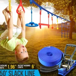 Ninja Warrior Obstacle Course 50ft Slackline Set with 18 Attachments Blue<SereneLife Best