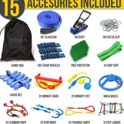 Ninja Warrior Obstacle Course 50ft Slackline Set with 18 Attachments Blue<SereneLife Best