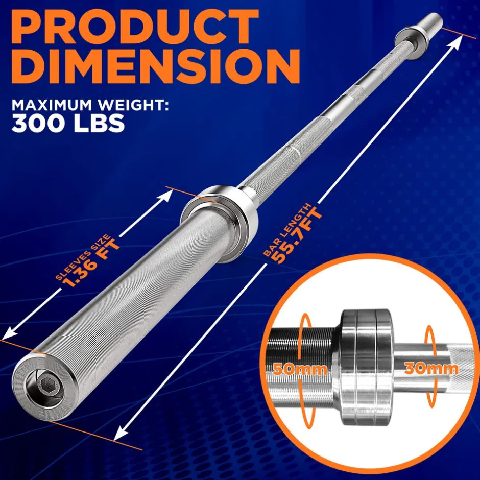 Olympic Barbell 7ft - Durable Chrome, Non-Slip Grip, 300lb Capacity<SereneLife
