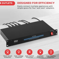 8-Outlet Rack Mount Power Conditioner, Surge Protection, 1800W, Black<Pyle Clearance