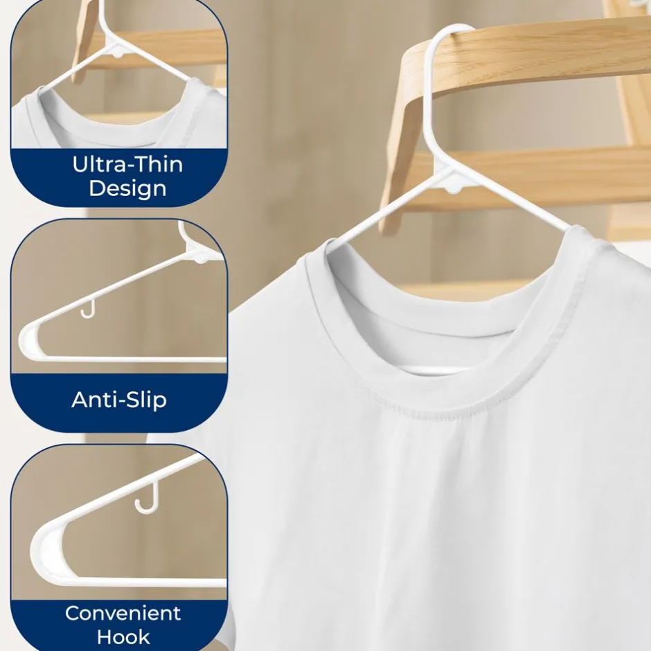 50-Pack White Plastic Hangers - Space-Saving, Durable, Non-Snag Design<SereneLife New