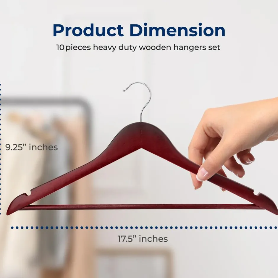 10-Pack Wooden Coat Hangers - Durable, Space-Saving, Cherry Finish<SereneLife Best