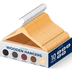 10-Pack Wooden Coat Hangers - Durable, Space-Saving, 360¬∞ Swivel Hook Natural<SereneLife
