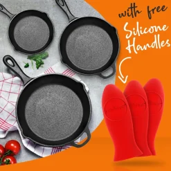 3pc Cast Iron Skillet Set - Nonstick, Even Heat, Silicone Handles<NutriChef Sale