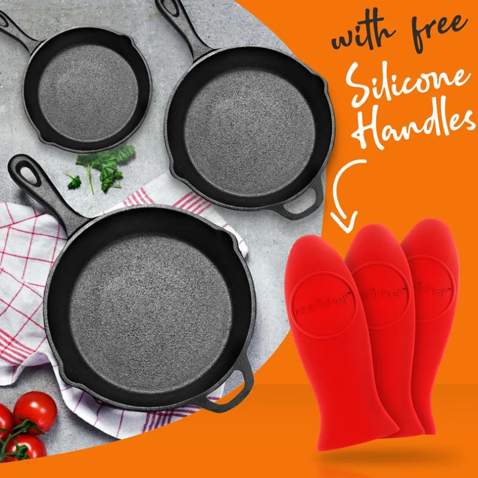 3pc Cast Iron Skillet Set - Nonstick, Even Heat, Silicone Handles<NutriChef Sale