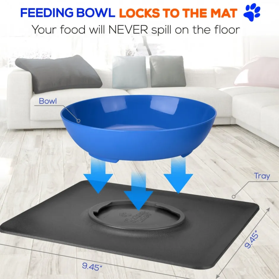 Pet Bowl & Mat Set, Mess-Free Feeding, Non-Slip, Easy Clean, Blue<SereneLife Sale