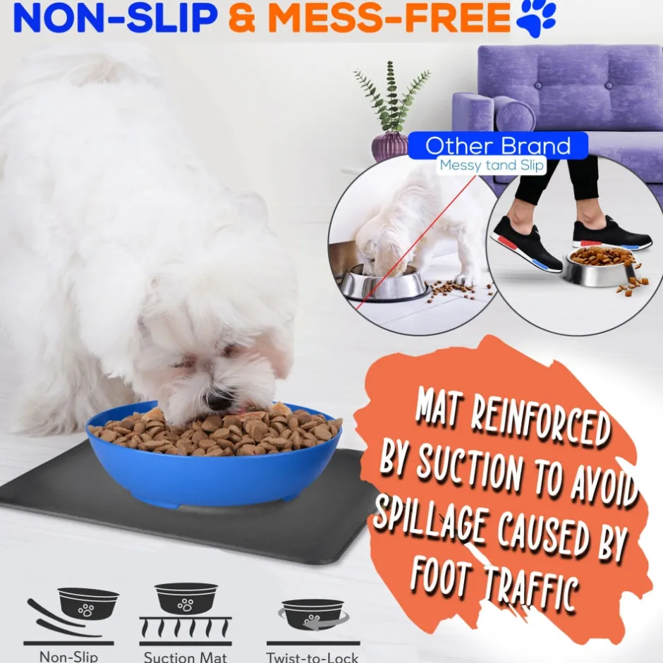 Pet Bowl & Mat Set, Mess-Free Feeding, Non-Slip, Easy Clean, Blue<SereneLife Sale