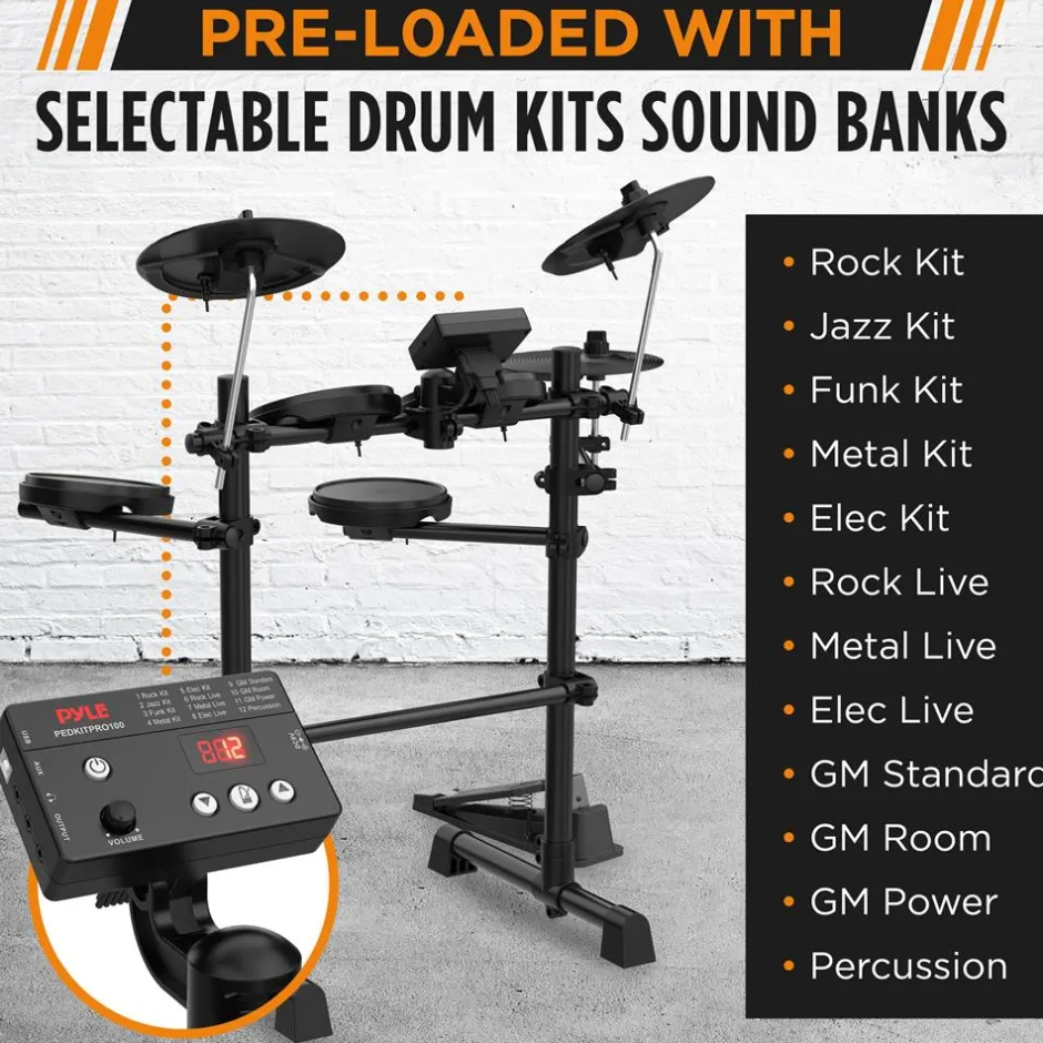 7-Piece Electric Drum Set, MIDI Support, Roll-Up Design, Portable<Pyle