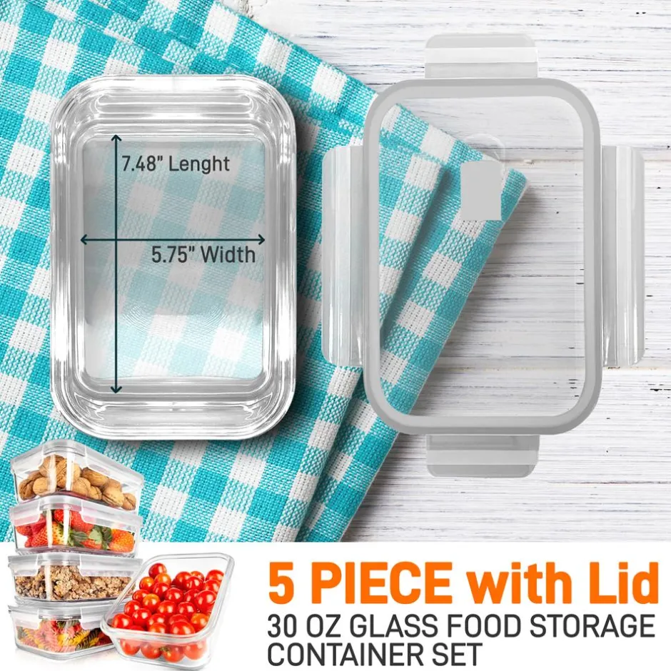 10-Piece Glass Food Storage Set, Leak-Proof, Borosilicate, Gray<NutriChef New
