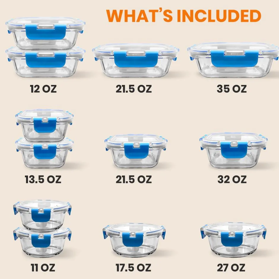 24-Piece Glass Food Storage Set, Airtight Leak-Proof, Blue<NutriChef Sale