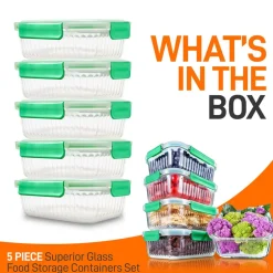 10-Piece Glass Food Storage Set - Leakproof Airtight Lids, Oven Safe<NutriChef Clearance