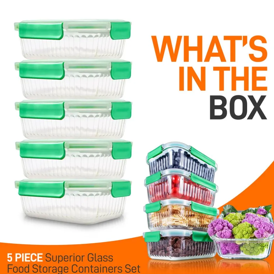 10-Piece Glass Food Storage Set - Leakproof Airtight Lids, Oven Safe<NutriChef Clearance