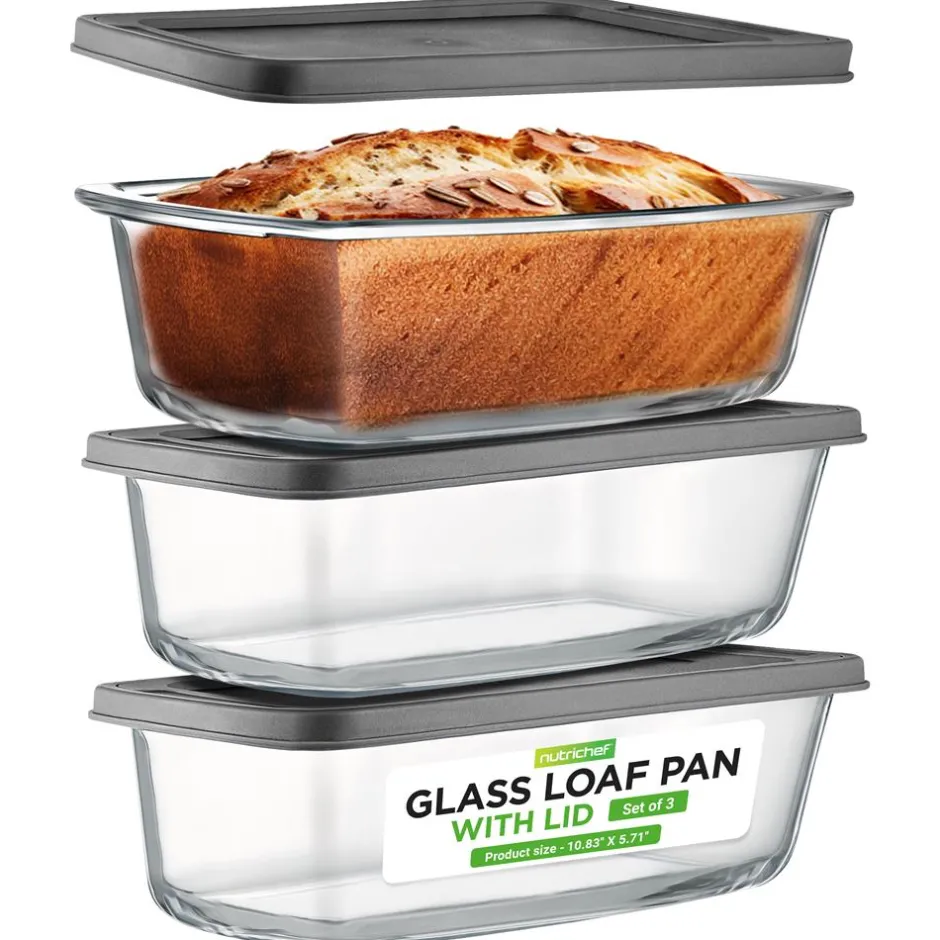 6-Piece Glass Loaf Pan Set - Airtight Lids, Stackable, Oven Safe, Clear<NutriChef Outlet